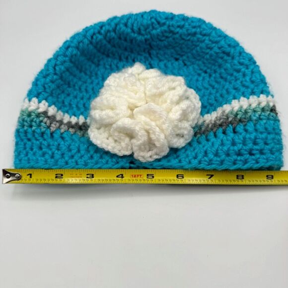 Handmade Women’s Blue Crochet Beanie White Flower Stripe Winter Hat Grannycore - Picture 6 of 9